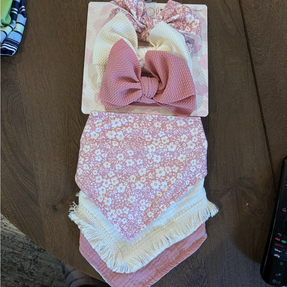 Pink and Cream Floral Baby Bandana Bib Set